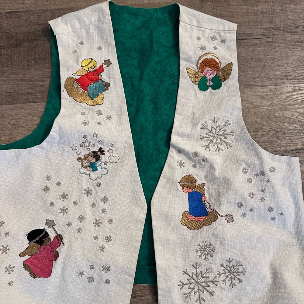 Vtg Reversible Embroidered Christmas Angel Vest White Green M/L Snowflakes